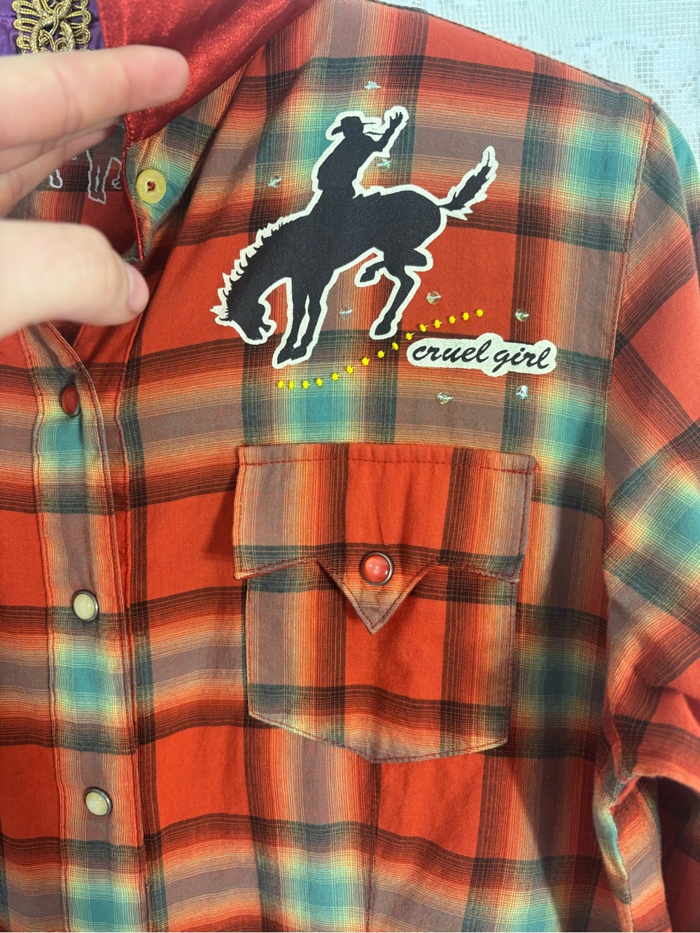 Orange Plaid Beaded Embellished Cowgirl Western Pearl Snap Button Up Size S - Picture 5 of 14